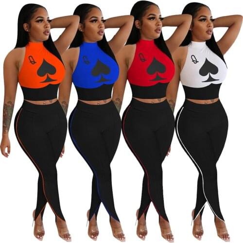 Sleeveless Two Piece Set Women Turtleneck Pinted Poker Q Crop Top +Tight Tail Bottom Pants Club Party Street Plus Size Set S-4XL