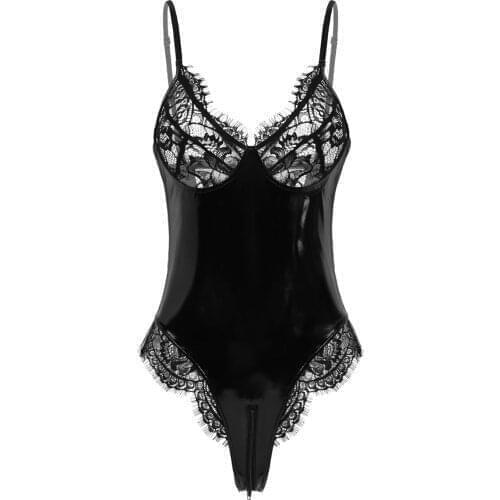 Women One-Piece PVC Leather Lingerie Sissy Latex Catsuit See Through Sheer Lace Cups Open Crotch Thong Teddy Bodysuit Clubwear