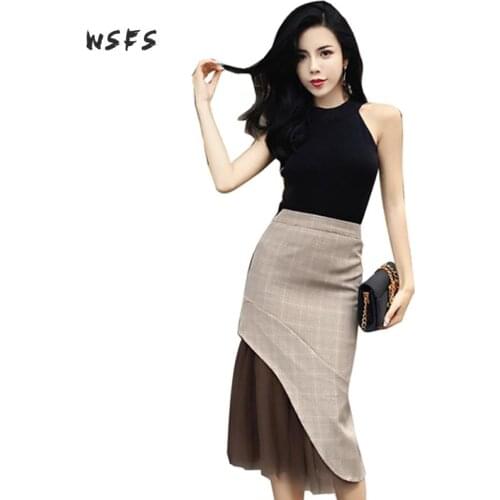 2 Pieces Sets Black Knitted Tanks Blouses Tops Pullover Sleeveless Mesh Khaki Plaid Midi Skirts Bandage Office Lady Suit Dress