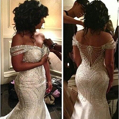 Portrait Mermaid Organza Beading Backless Sequin Off Shoulder Bridal Gowns Sweep Train Wedding Dresses Custom Made Bridal Vestid