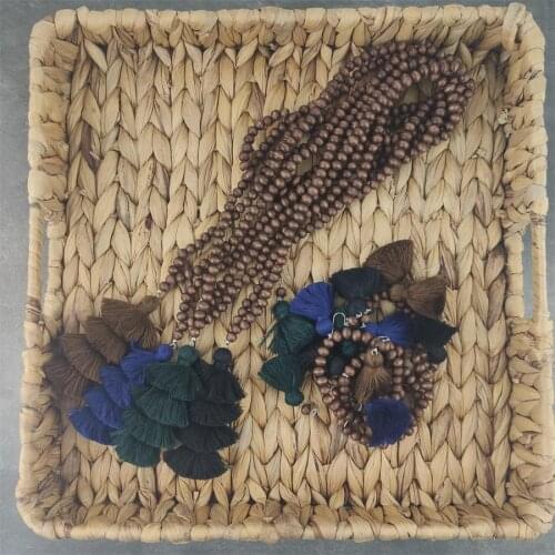 Winter Tassel Brown Wooden Beads Necklace Pendant Chain Jewelry Accessory multi layer tassel set Shape Bohemian Style Necklace