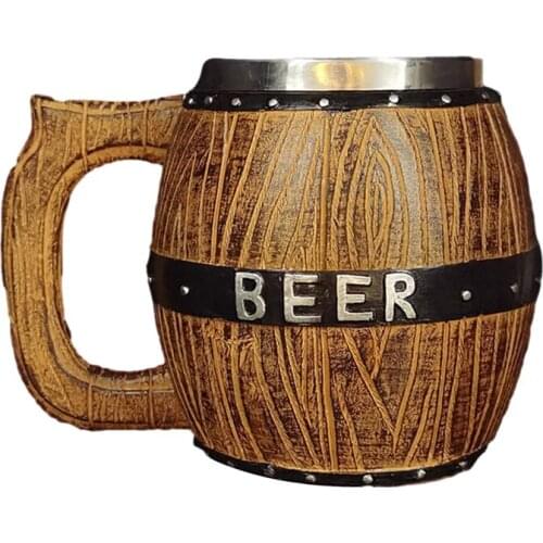 450/550ml Wooden Barrel Beer Mug Stainless Steel Beer Cup Goblet Coffee Cup Cocktail Wine Glass Mugs Gift Drinkware with Handle