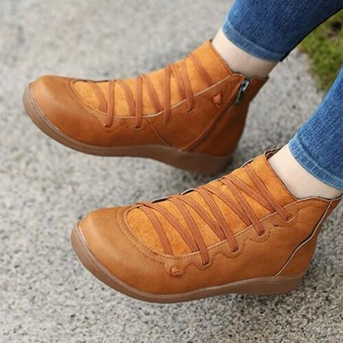 Womens PU Leather Ankle Boots Women Autumn Winter Cross Strappy Vintage Women Punk Boots Flat Ladies Shoes Woman Botas Mujer