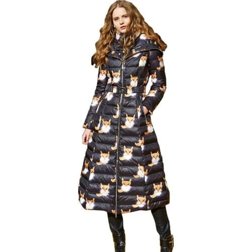 European Women Printed Down Parkas Coats with Hoody Winter Lady X-Long Overcoats Female Clothing Plus Size VF4037