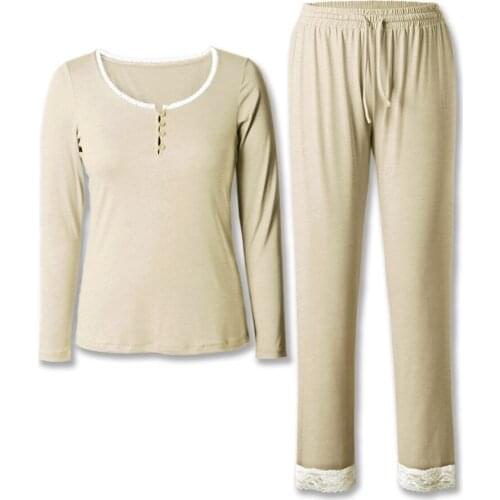 Neatie Kiddie Solid Women Pajamas Set Home Lounge SetS Soft Clothes Long Sleeve Top Full-length Pants Sleepwear Night Pajamas