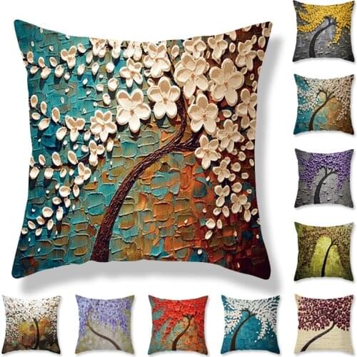 Airldianer 3D Painting Tree Flower Cushion Cover Soft Cotton Linen Cushion Cover Throw Pillowcase For Bedroom Car Pillow Cover