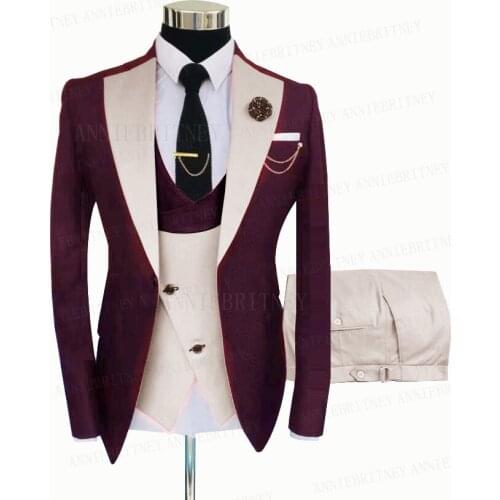 New Formal Business Men Suit Set Tailored Slim Fit Groom Wedding Suit Tuxedo Jacket Double Breasted Beige Vest Pants 3 Pieces