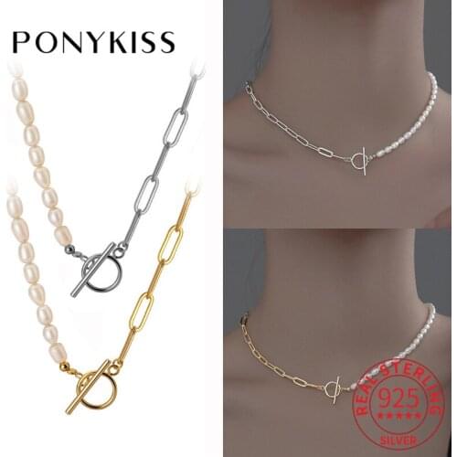 PONYKISS Vintage 925 Sterling Silver Thick Chain Pearl OL Buckle Chokers Necklace For Women Romantic Fine Jewelry Drop Shipping