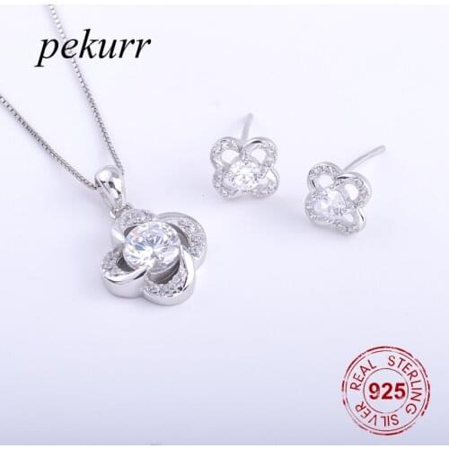 Pekurr 925 Sterling Silver Big Gems Four Leaf Clover Earrings Necklace Sets For Women Hollow Lucky Pendants Wedding Jewelry
