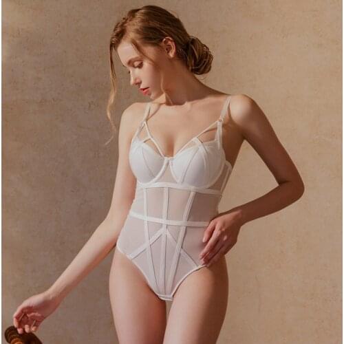 Sexy Mesh Transparent Bandage Bodysuits with Cup Push Up Bustiers Corsets Underwear Women Lingerie White Red Black B C D Cup