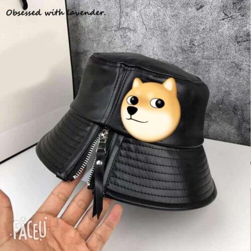 Obsessed with lavender.Basin Hat Zipper Flat Top Fisherman Hat pu Leather Hat Spring and Autumn Japanese Korean Leather