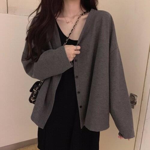 Spring and autumn 2021 new Korean loose V-neck lazy style casual versatile long sleeve top womens thin jacket