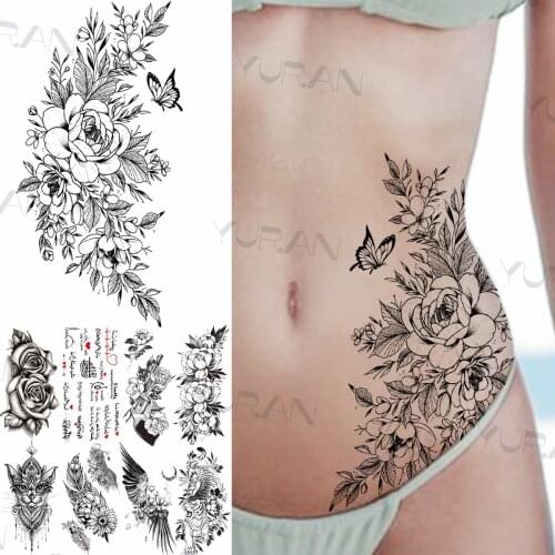 DIY Sexy Rose Flower Butterfly Temporary Tattoos For Women Adult Gun Owl Feathers Wings Tiger Fake Tatoo 3D Waist Tattoo Sticker