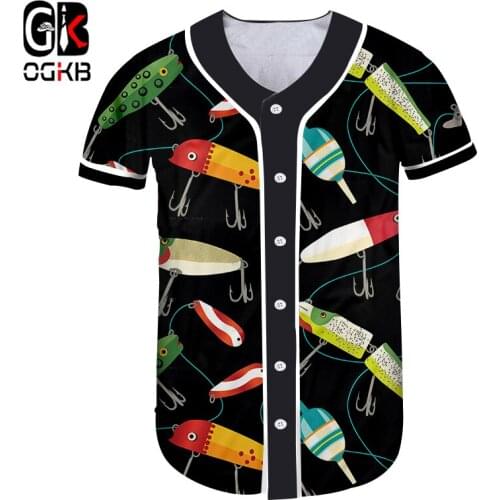 OGKB New Summer Tops Womens Button Tshirt Print Cartooon Fish Pole 3D Baseball T-shirt Man Hiphop Short Sleeve Uniform Shirts