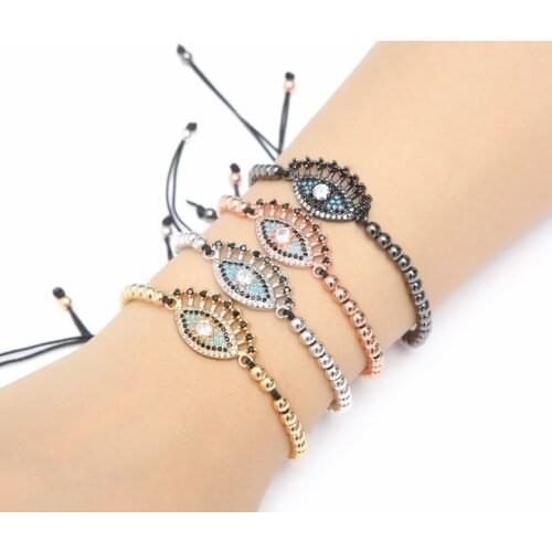 Gold silver micro pave cz Cubic Zirconia rope adjusted Copper Beads Bracelet eye jh3 Charm Braided Bangles Women