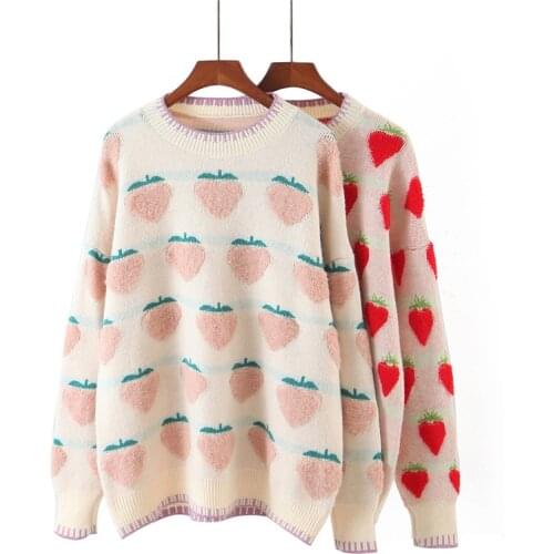 New Preppy Style Spring Autumn Women Cute Fruit Sweater O Neck Peach Strawberry Loose Warm Pullover Lolita Kawaii Girls Sweater