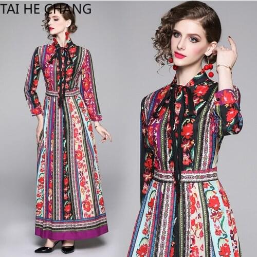 Women Dress New Fashion Retro Spring Summer Elegant Slim Bodycon Vintage Party Runway Print Shirt Office Work Maxi Dresses