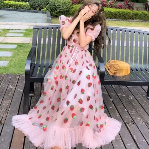 Bella Philosophy Sweet Elegant Strawberry Mesh Dress Women Summer 2021 Beach Boho Midi Dress Ruffle Kawaii Korean Casual Party