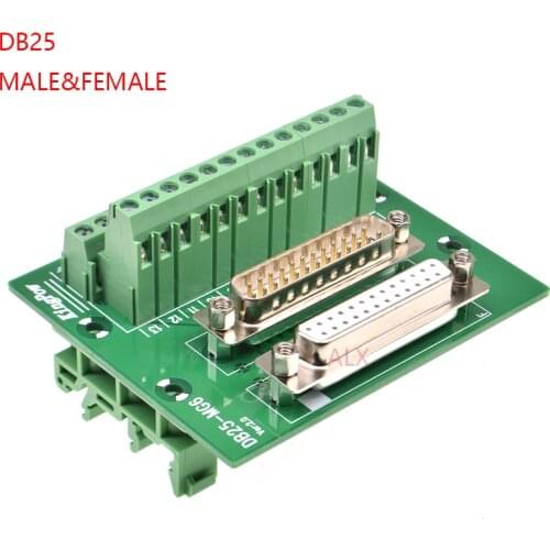 1PCS DB25 male female socket to terminal block adapter pcb board D-SUB 25pin connector converter Din Rail Mounting