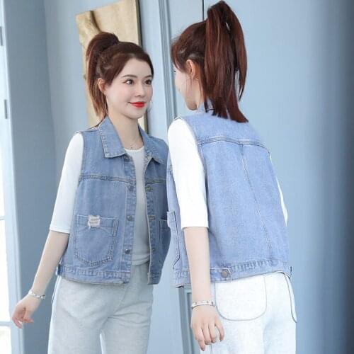 2021 New Spring Autumn Plus Size Coat For Women Lapel Casual Loose Sleeveless Denim Pocket Short Vest Blue Clothes aq1157