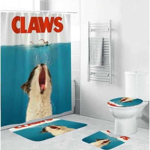 3D New 4 Pieces Cat Swim Printed Non-Slip Toilet Polyester Cover Pad Set Bathroom Shower Curtain The Best-Selling Shipping