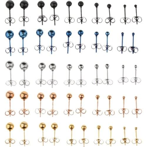 5 Pairs 2mm-6mm Round Ball Stainless Steel Round Ball Stud Earrings 20 Gauge with Butterfly Shape Stoppers Back