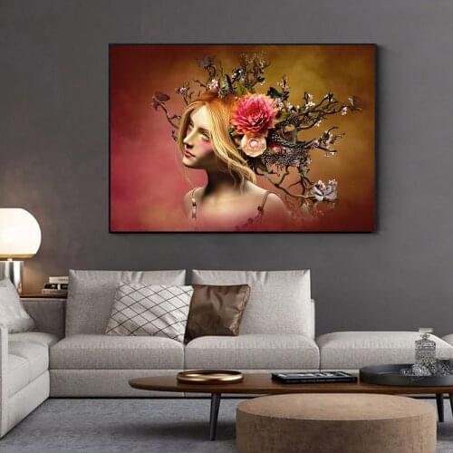 Abstract Floral and Tree Woman Canvas Painting Art Print Oil Painting Canvas Wall Art Pictures for Living Room Home Decoration