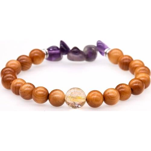 Natural Wooden with Blonde Crystal and Pruple Crystal Gravel Mala Beads Bracelet For Men Women Yoga Jewelry Lovers Gift