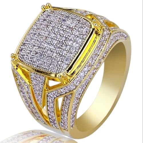 Good Quality Hip Hop Rock Men Jewelry Rings Copper Gold Color Plated 3A Micro Pave CZ Stone Square Ring With 7,8,9,10,11 Sizes