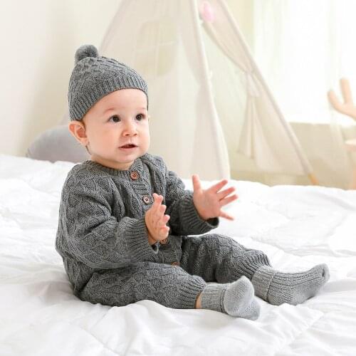 Baby Knitted Rompers Newborn Toddler Solid Long Sleeve Jumpsuit Outfits Infant Autumn Winter Overalls Clothes with A Warm Hat