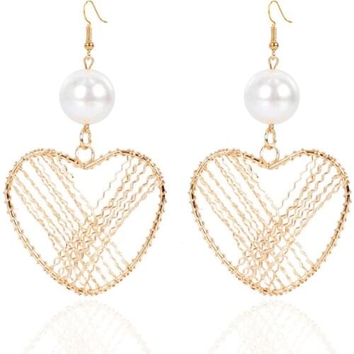 HaHaGirl Fashion Heart Hollow Gold Color Dangle Drop Earrings For Women Geometric Charm Pearl Statement Earrings Jewelry Wedding