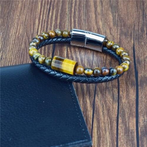 New Natural Stone Bracelets Genuine Leather Braided Bracelet Stainless Steel Magnetic Clasp Tiger Eye Bead Bangles Men Jewelry
