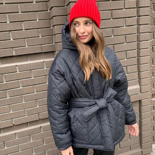 Novalya Solid Hooded Loose Parkas Women Fashion Thick Short Coats Women Elegant Arygle Tie Belt Cotton Jackets Female Ladies