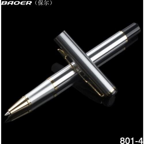 Luxury Baoer Metal Silver Brand Roller Ball Pen School Office Suppliers Black Ink Refill with Gift Box Ballpoint Gift Pens