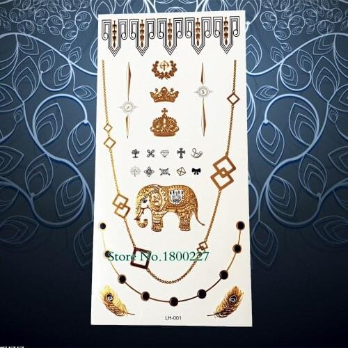 Sexy Elephant Feather Gold Crown Metallic Tattoo Indian Henna Flash Temporary Tattoo Sticker Waterproof Necklace Tatoo on Finger