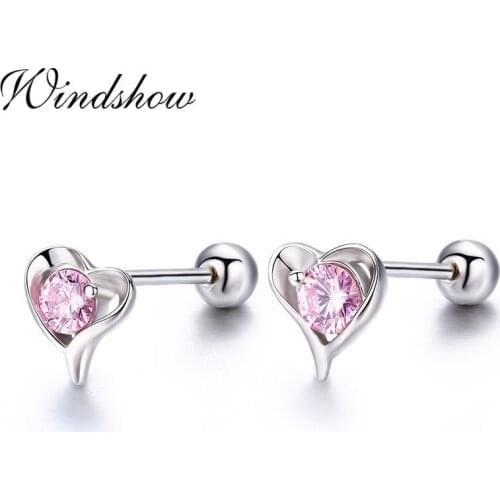 Cute Small Heart Set Pink CZ 925 Sterling Silver Screw Stud Earrings For Women Girls Children Kids Jewelry Orecchini Aros Aretes