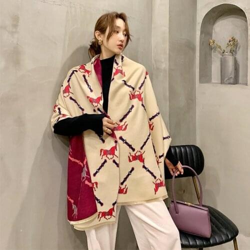2021 Winter Scarf Women Luxury Cashmere Horse Print Pashmina Scarves Warm Shawl Wrap Bufanda Wool Female Thick Blanket