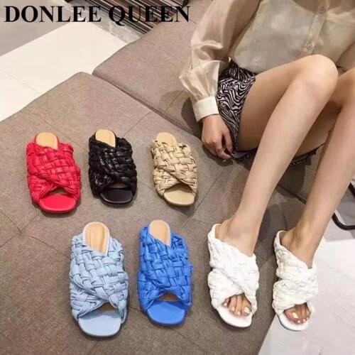 Size 35-42 Summer Slides Weave Open Toe Flat Slippers Women Slip On Beach Flip Flops Sandals Casual Shoes Vacation DropShipping