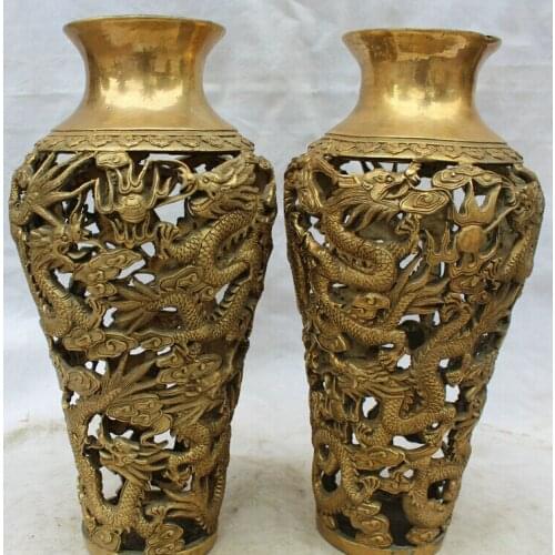 Song voge gem S2185 16" Marked Chinese Dynasty palace Brass dragon blossom flower Bottle Vase Pair
