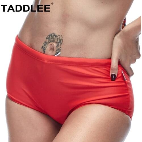 Taddlee Brand Swim Bikini Bottoms Women Swimsuits Solid Red Color Classic Cut Basic Bathing Suits Full Coverage High Waist