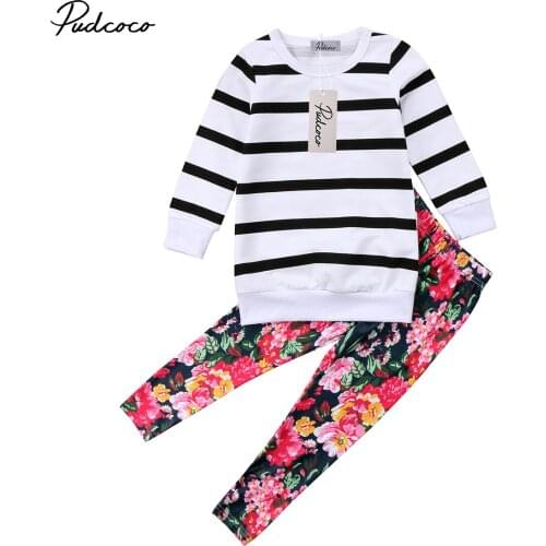 2-8T Kids Baby Girls Striped T Shirt Tops+Floral Pants Long Sleeve Clothes Outfit Set