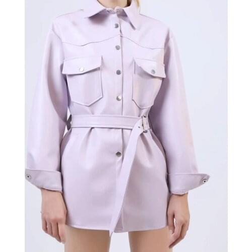 Vogue Nice women stylish faux leather purple long jackets with belt chic lady fashion single breasted slim outwear coat femme