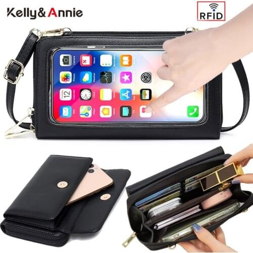 RFID Transparent Touchable Phone Bag Women Small Shoulder Crossbody Purses Pu Leather Female Clutch Wallet Ladies Handbag