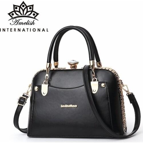 AMELISH 2021 Large Capacity Diamonds Hand Bags for Women PU Leather Hangbags Female Frame Office Lady Shoulder Crossbody Totes