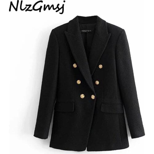Nlzgmsj Za Women 2021 Autumn Winter Solid Blazer Coat Vintage Double Breasted Long Sleeve Female Outerwear Chic Tops 202107