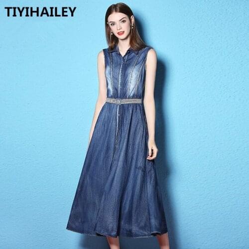 TIYIHAILEY Free Shiping Vintage Women Long Maxi Sleeveless Summer Denim Cotton Vest Embroidery Belt S-XL Single-breasted Dresses