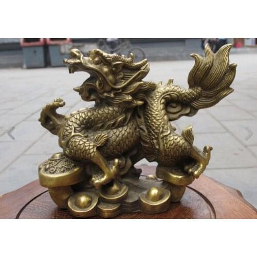 Zhmui88002842058++Chinese Folk Classic pure Brass Carved ruyi Wealth Dragon Lucky feng shui statue