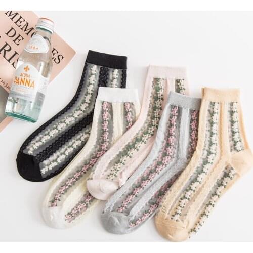 5 Pairs/lot Summer Ruffles Funny Socks Women Cute Harajuku Silk Socks Korean Breathable Transparent Heart Ankle Sock Happy Socks