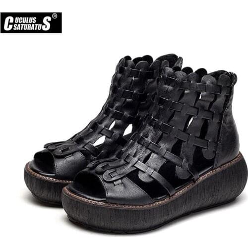 Cuculus Women Vintage Sandals Summer Casual Ladies Shoes Rome Boots Hand Weaving Genuine Leather Boots Platform Sandals