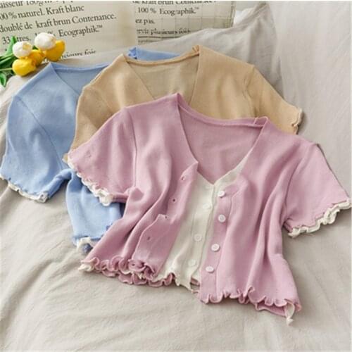 Girls V-neck Short Sleeve Cropped Connected Sweater Cardigans Womens Patchwork Sweet One-piece Sweater Cardigan Crop Tops